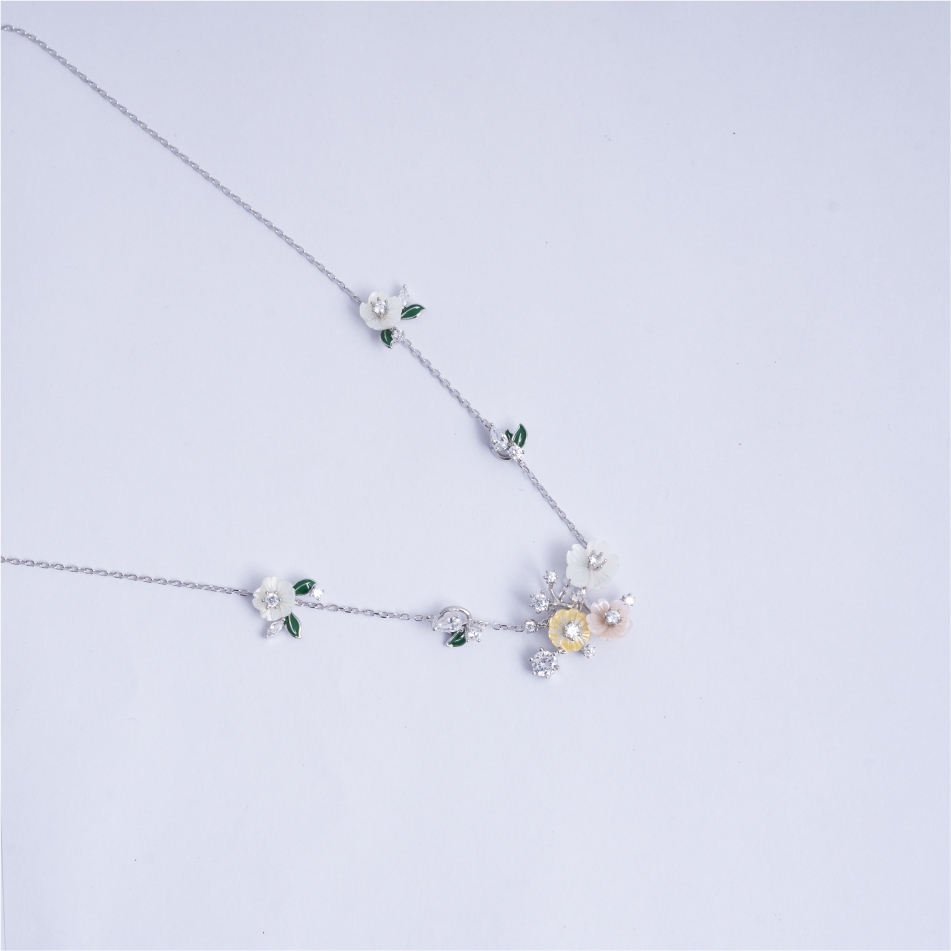 925 Silver Enamel Blossom Floral Necklace Set - Image 3