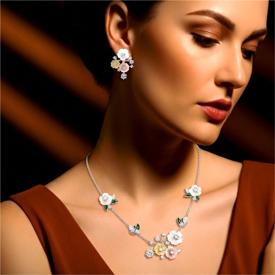 925 Silver Enamel Blossom Floral Necklace Set - Image 2