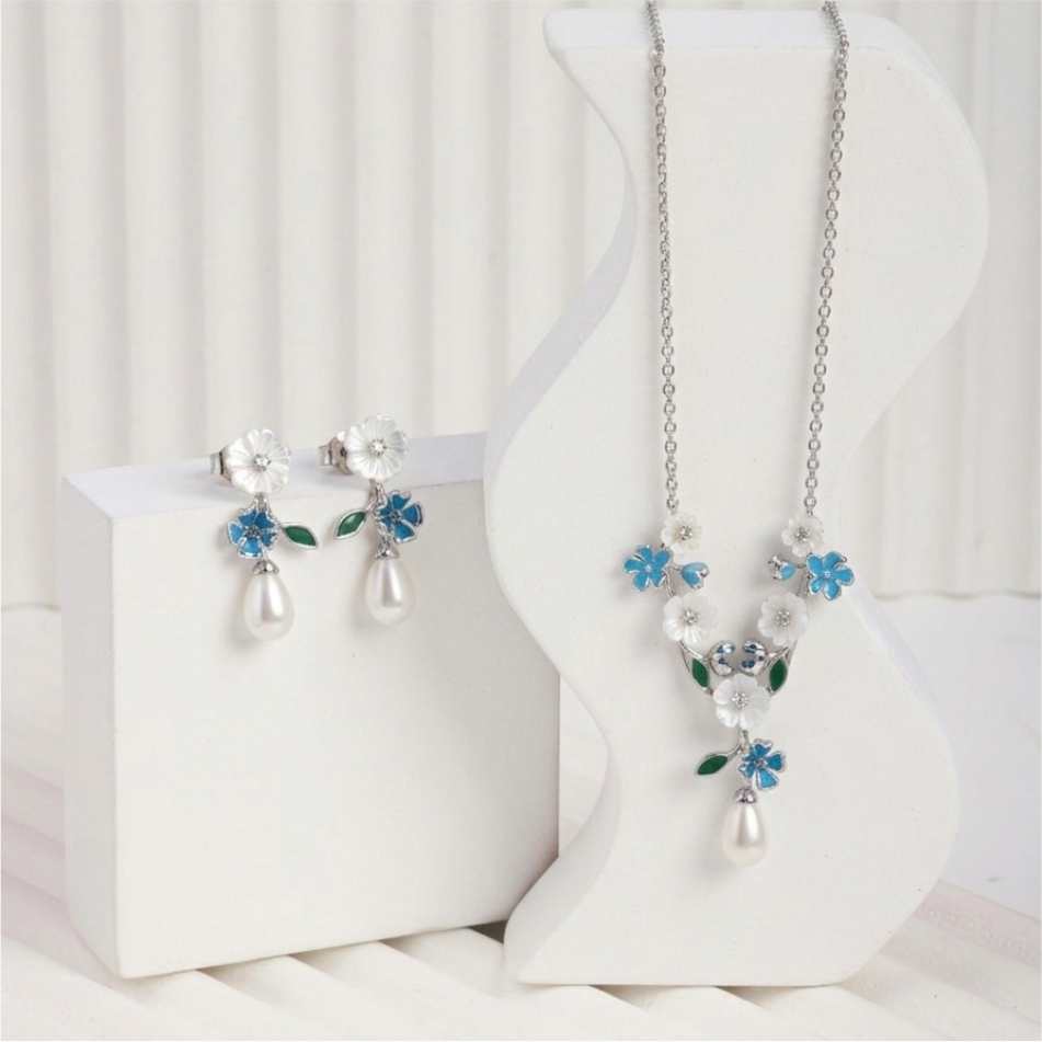 925 Silver Enamel Floral Pearl Necklace Set - Image 2