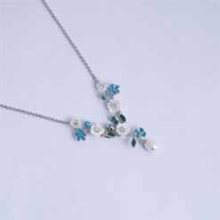 925 Silver Enamel Floral Pearl Necklace Set - Image 3