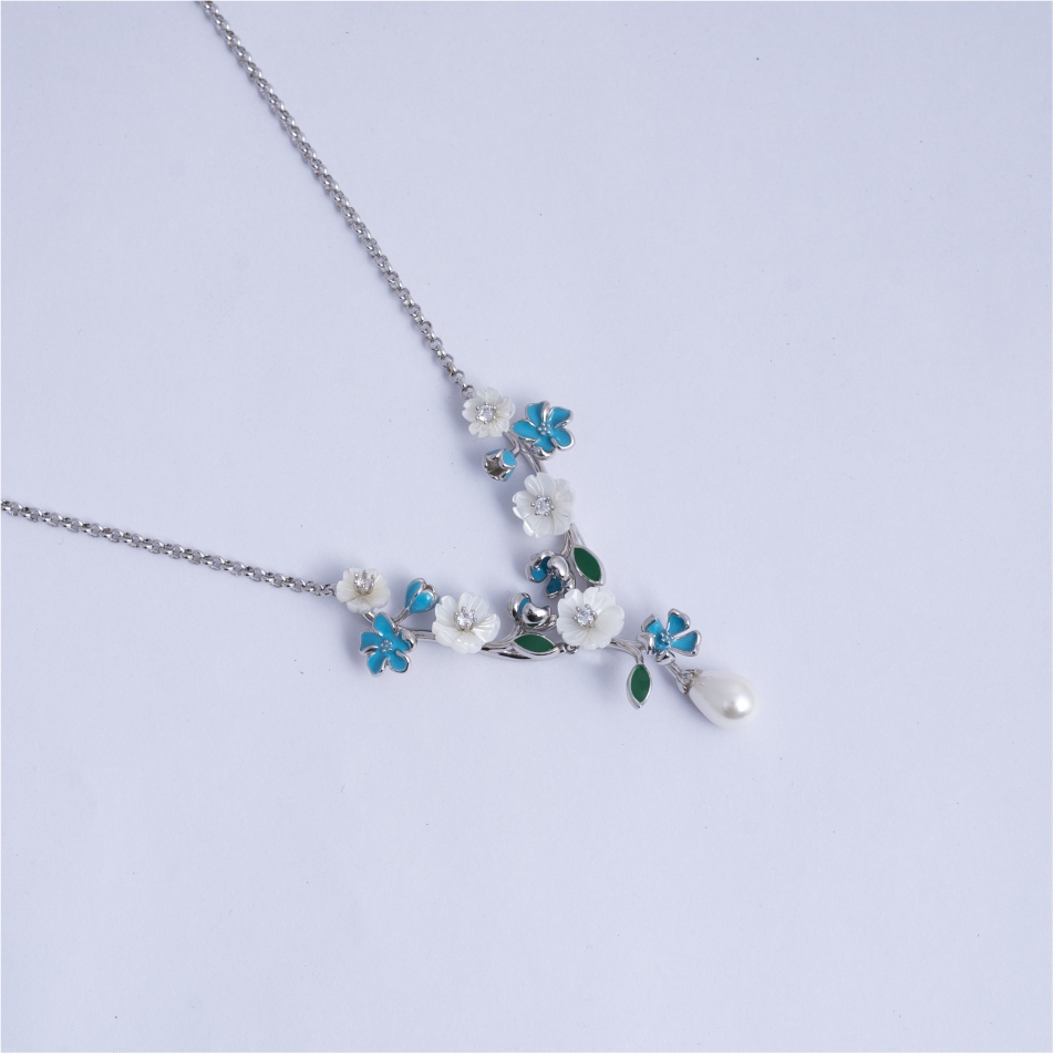 925 Silver Enamel Floral Pearl Necklace Set - Image 3