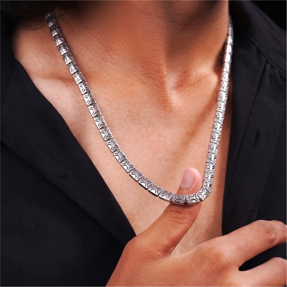 925 Silver Engraved Panel Link Chain Necklace for Men - Image 2