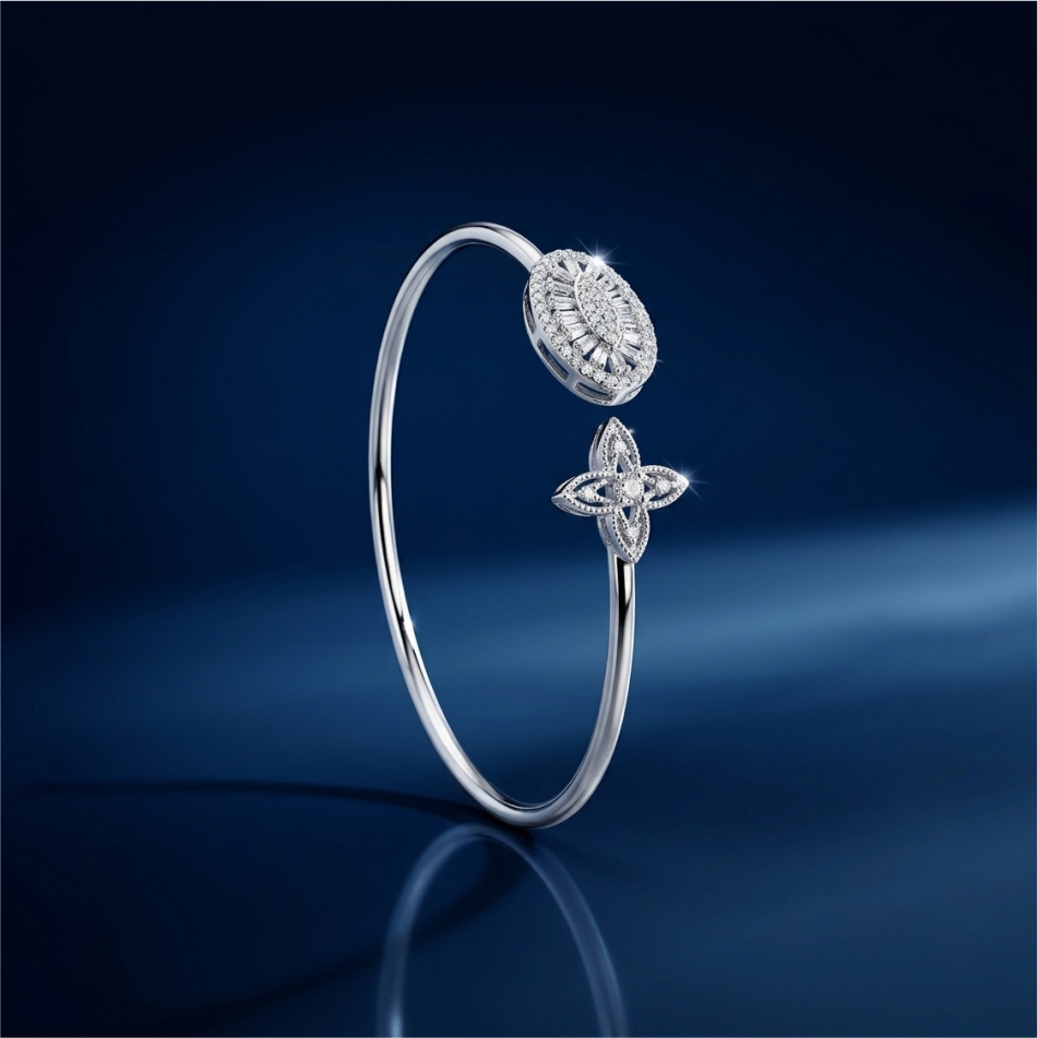925 Silver Floral CZ Open Cuff Bracelet for Women - Image 2