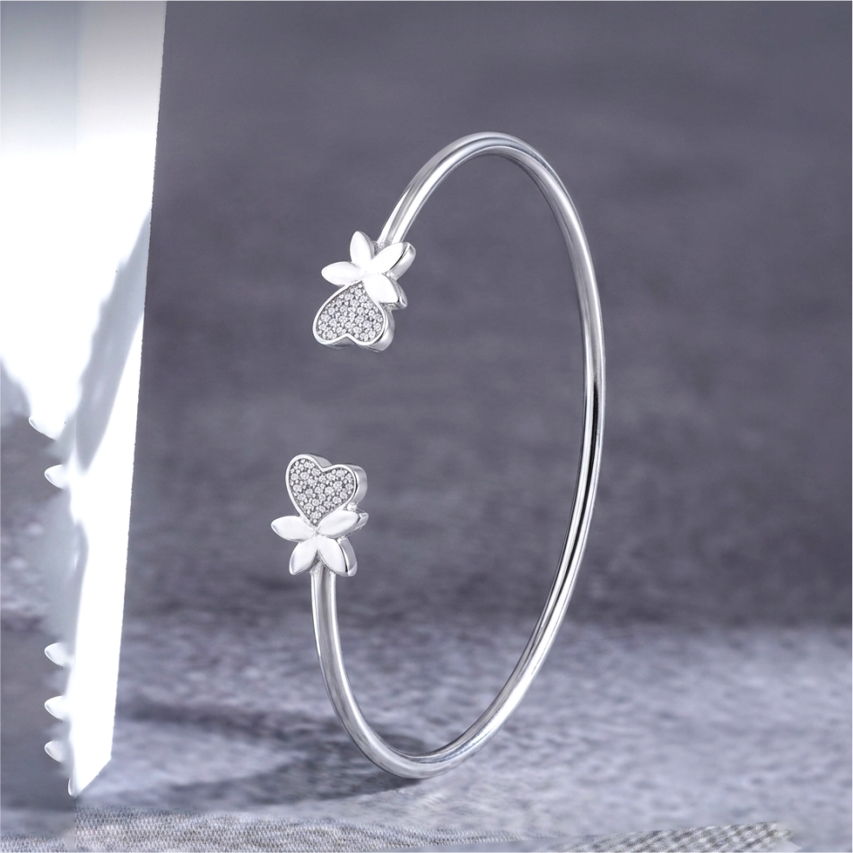 925 Silver Heart and Flower Open Cuff Bracelet - Image 2