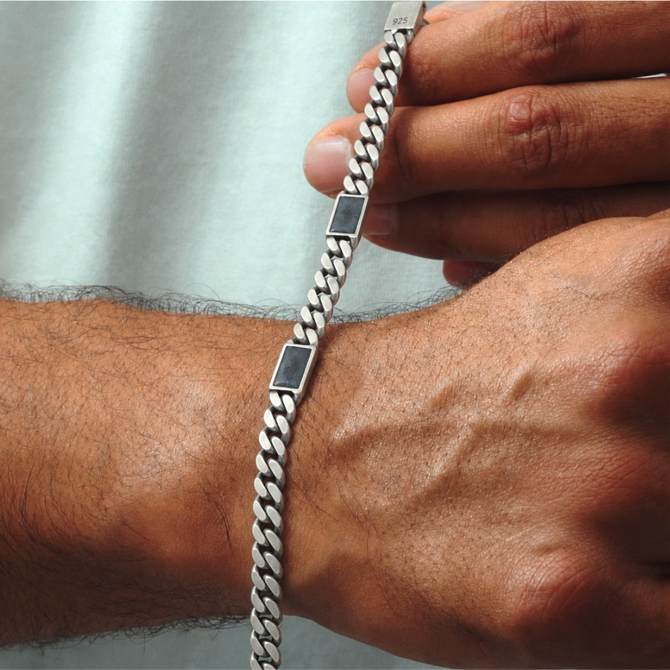 925 Silver Matte Cuban Link ID Bracelet for Men - Image 3