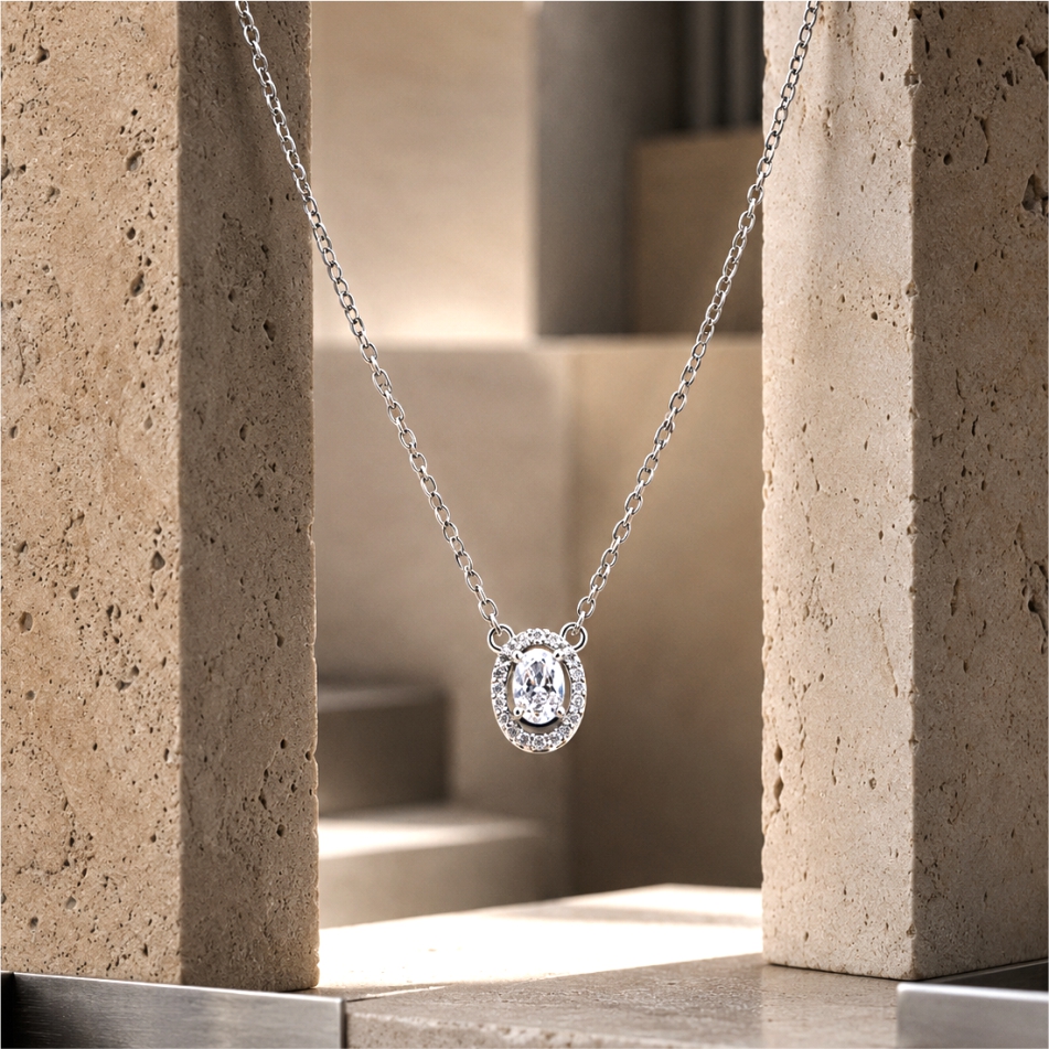 925 Silver Oval Halo Crystal Pendant Necklace - Image 2