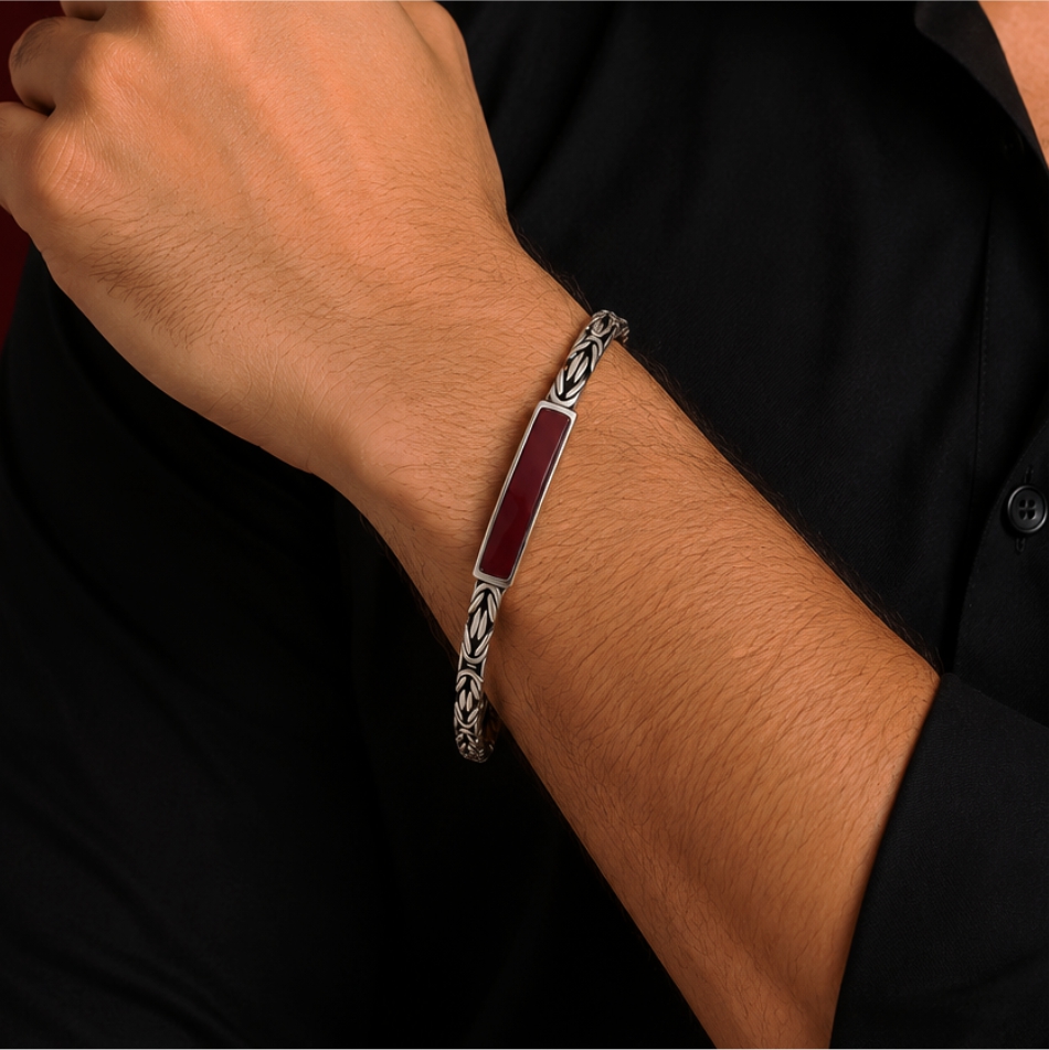 925 Silver Oxidised Red Stone Bar Bracelet - Image 2