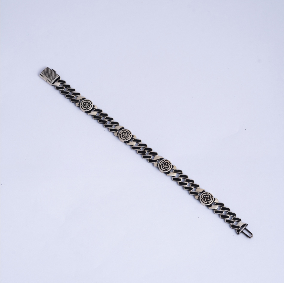 925 Silver Oxidized Floral Cuban Link Bracelet for Men - Image 3