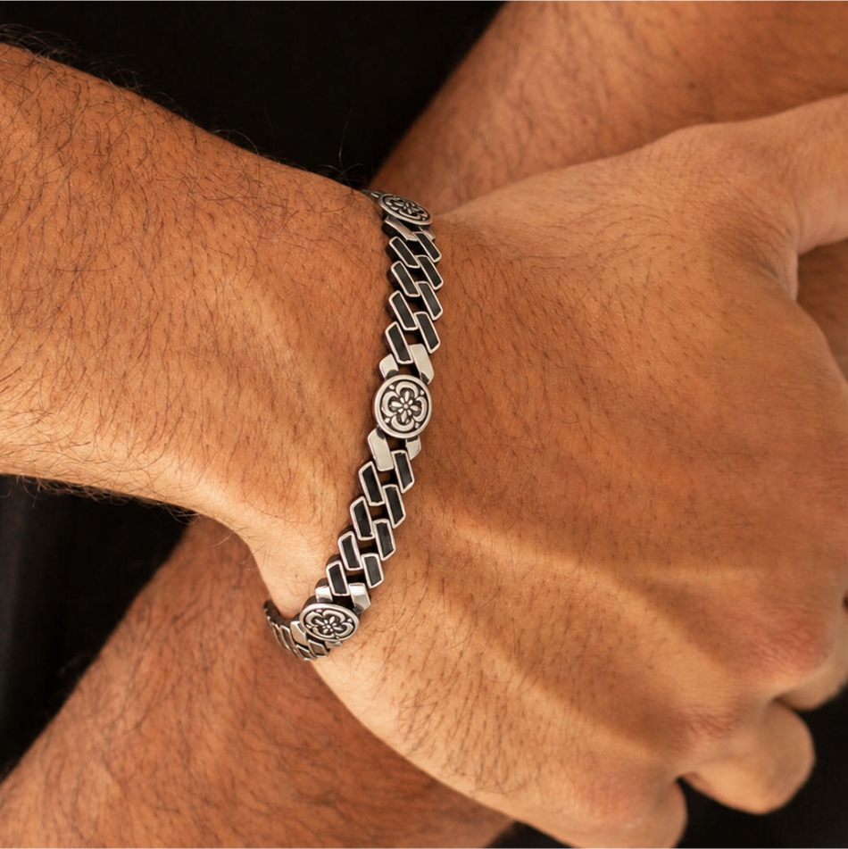 925 Silver Oxidized Floral Cuban Link Bracelet for Men - Image 2