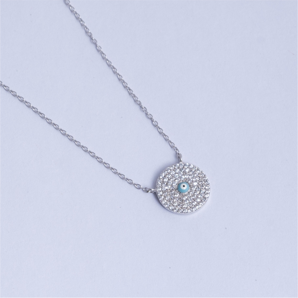 925 Silver Pave Evil Eye Disc CZ Necklace - Image 3