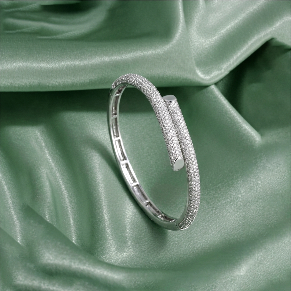 925 Silver Pavé Nail CZ Bangle Bracelet - Image 2