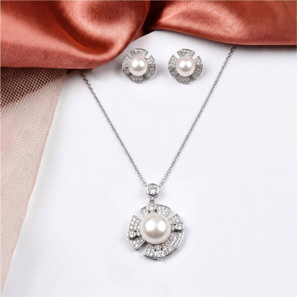925 Silver Pearl CZ Pendant Necklace Set for Women - Image 2