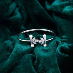 Alternative view of 925 Silver Pearl Floral Open Cuff Bracelet