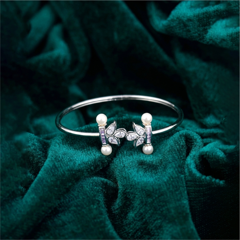 925 Silver Pearl Floral Open Cuff Bracelet - Image 2