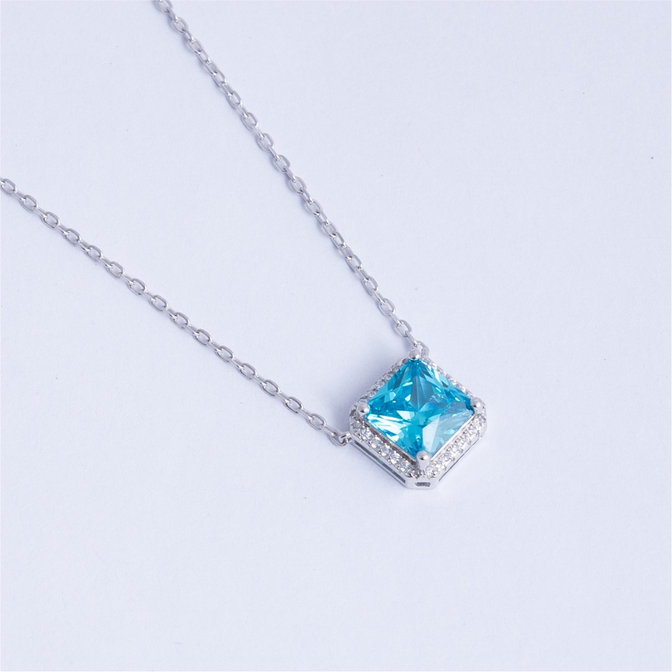 925 Silver Princess Cut Sky Blue Crystal Pendant Necklace - Image 3
