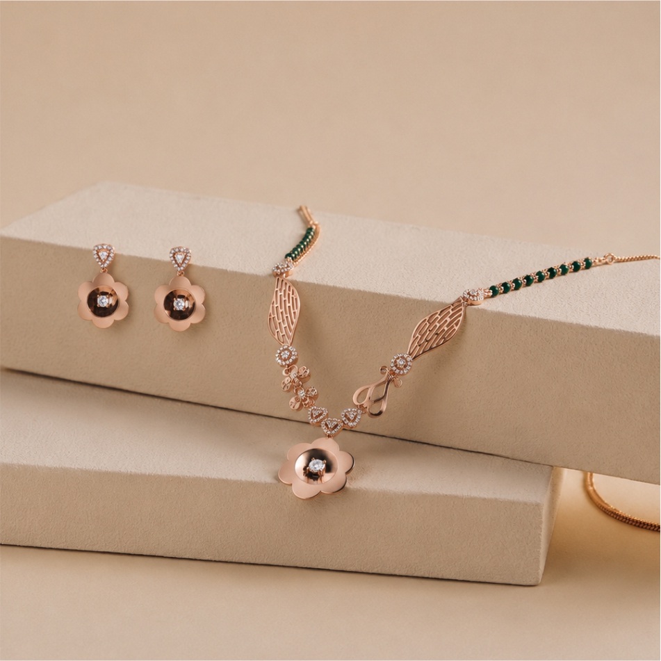 925 Silver Rose Gold Asymmetrical Floral Necklace Set - Image 2