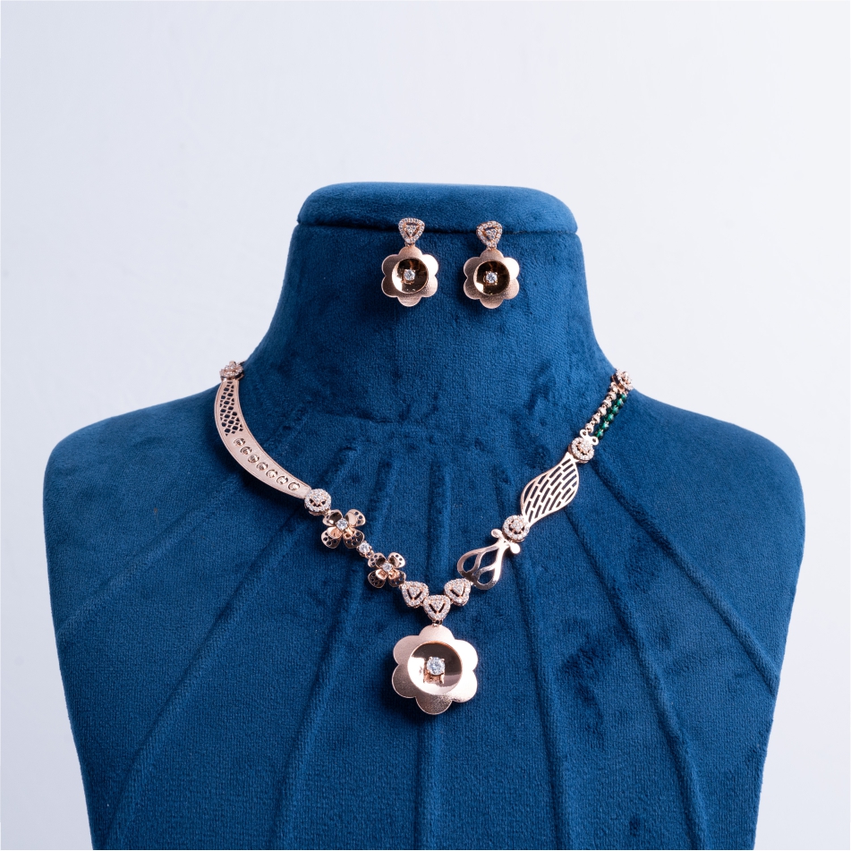 925-Silver-Rose-Gold-Asymmetrical-Floral-Necklace-Set