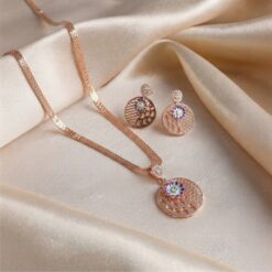 Alternative view of 925 Silver Rose Gold Floral Disc Pendant Necklace Set
