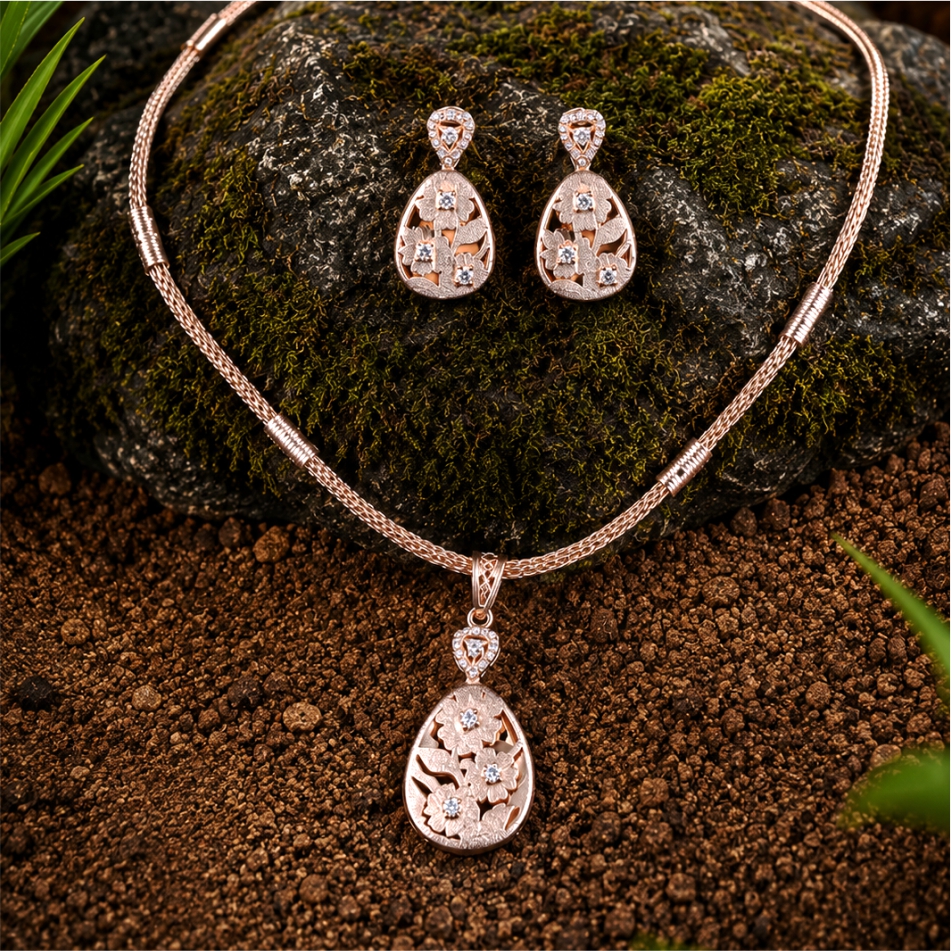 925 Silver Rose Gold Floral Teardrop Pendant Set - Image 2