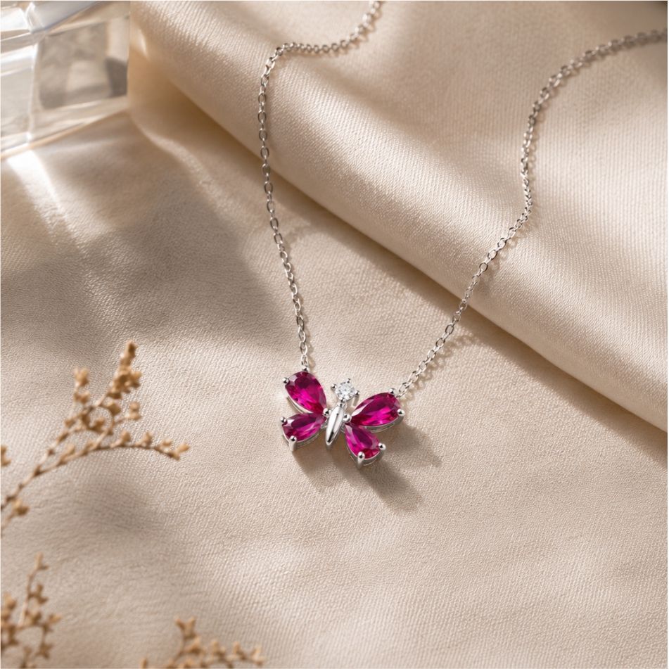 925 Silver Ruby Butterfly Pendant Necklace - Image 2