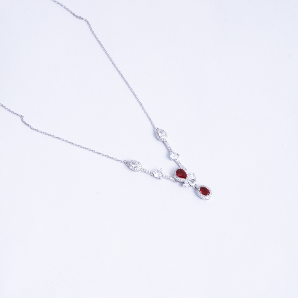 925 Silver Ruby CZ Drop Pendant Necklace Set - Image 3