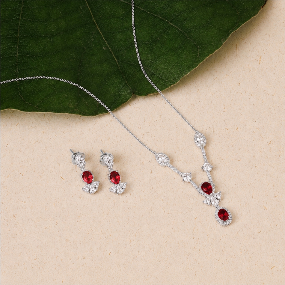 925 Silver Ruby CZ Drop Pendant Necklace Set - Image 2