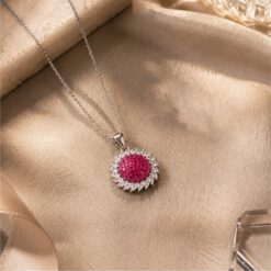 Alternative view of 925 Silver Ruby Halo CZ Pendant Necklace