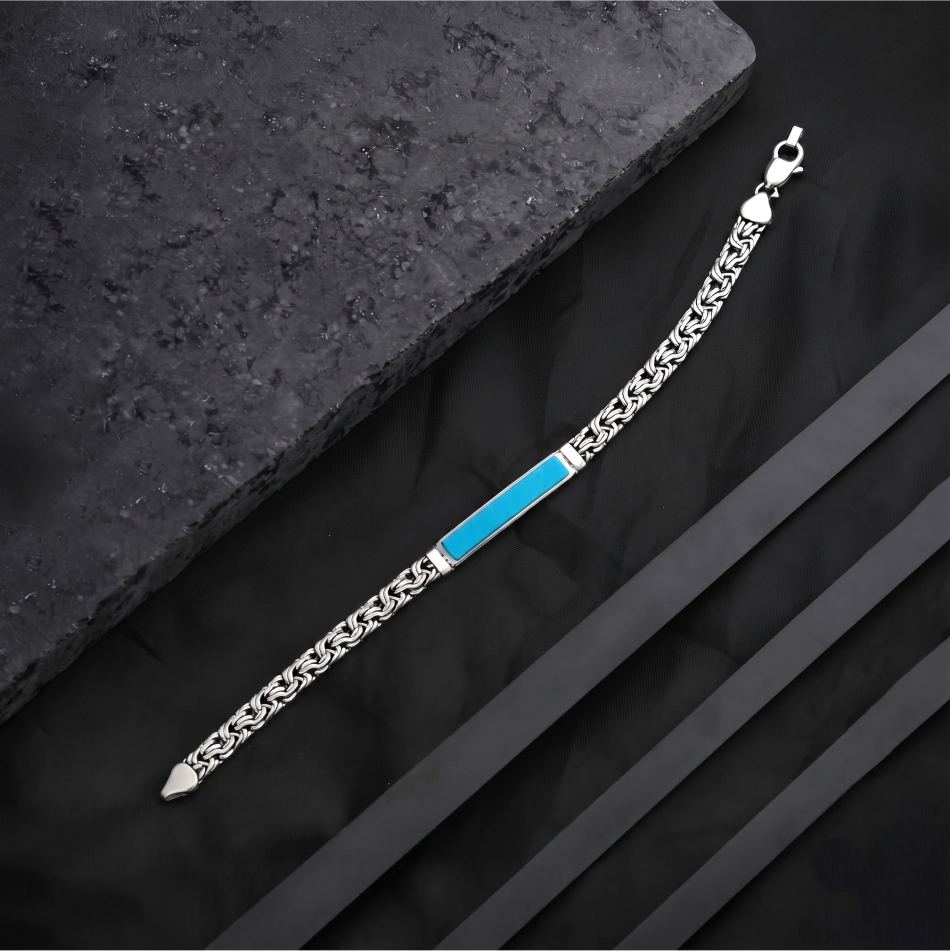 925 Silver Turquoise Byzantine ID Bracelet for Men - Image 3