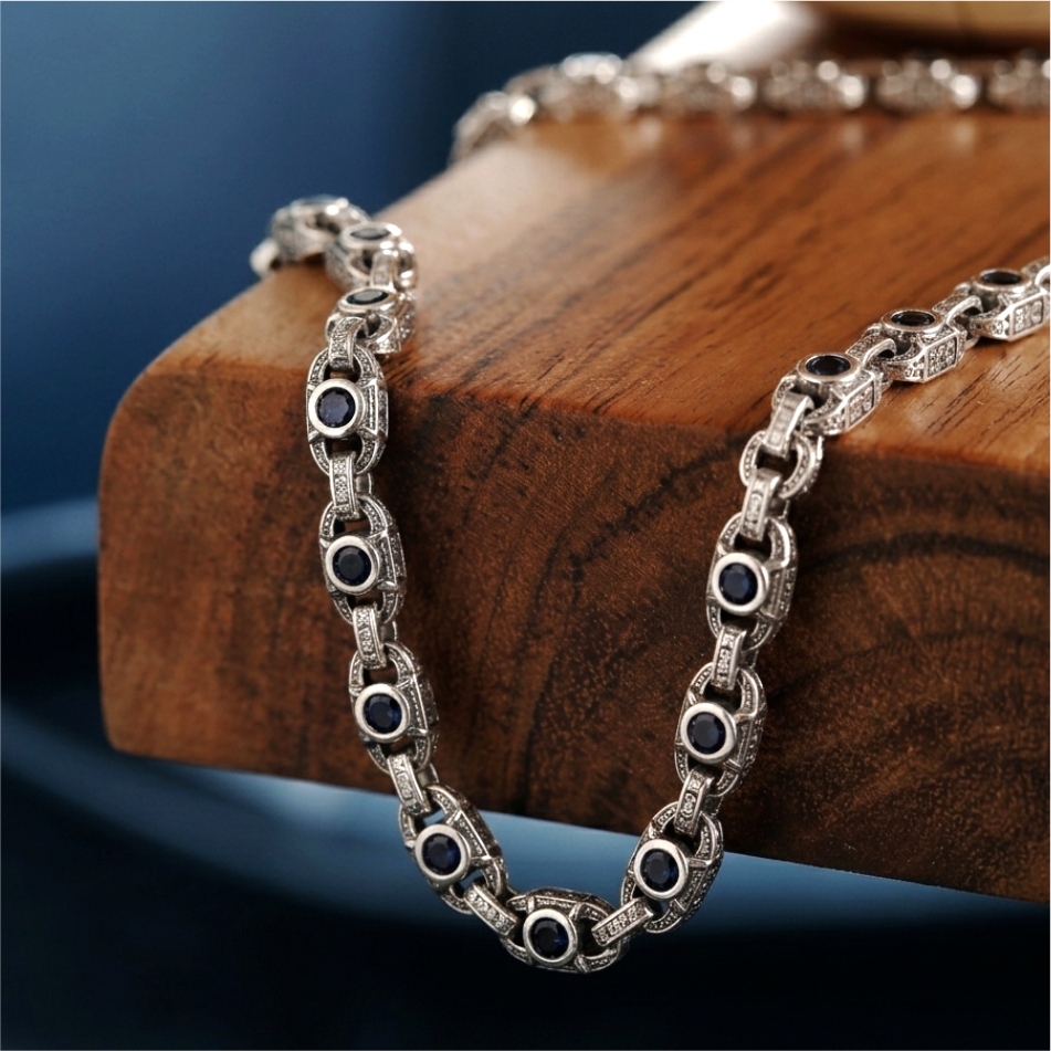 925 Silver Vintage Black Stone Chain Necklace for Men - Image 2